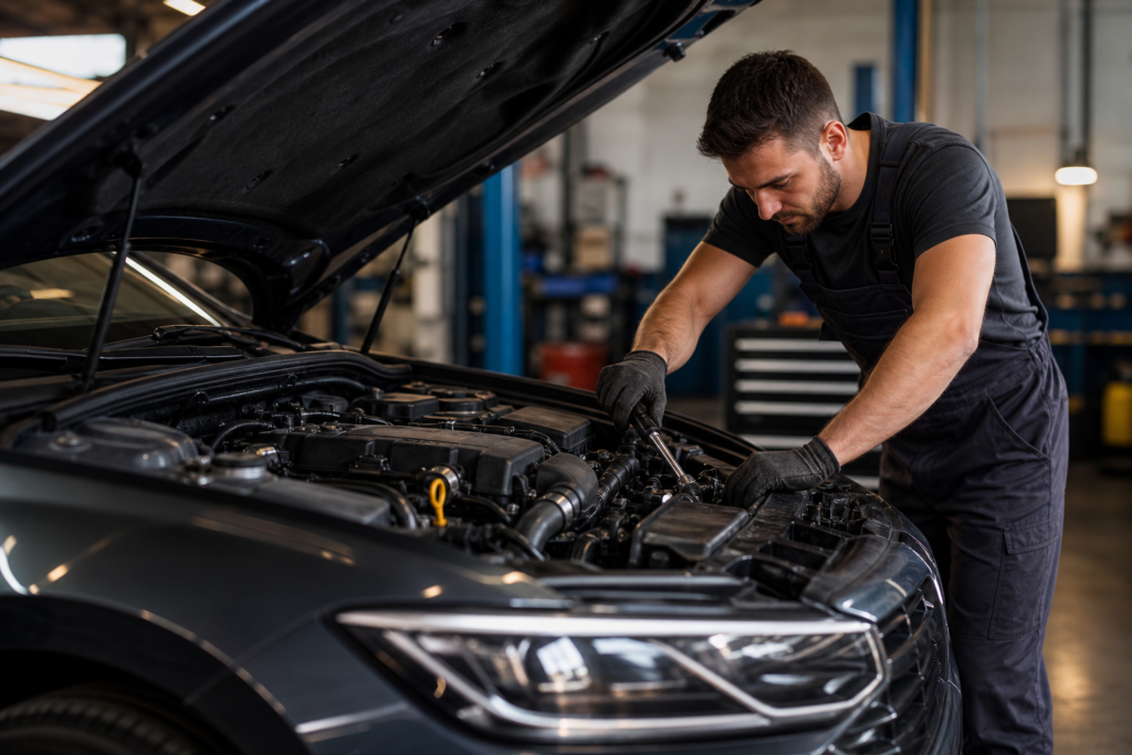 Mehanik pregleduje motor avtomobila v delavnici med rednim servisom